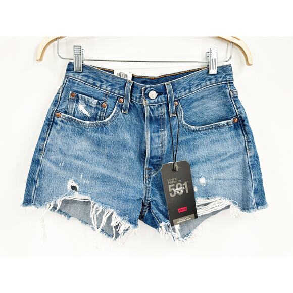 Levi’s 501 Original Blue High Rise Distressed Cut Off Denim Jean Shorts 27 NWT - Picture 2 of 7